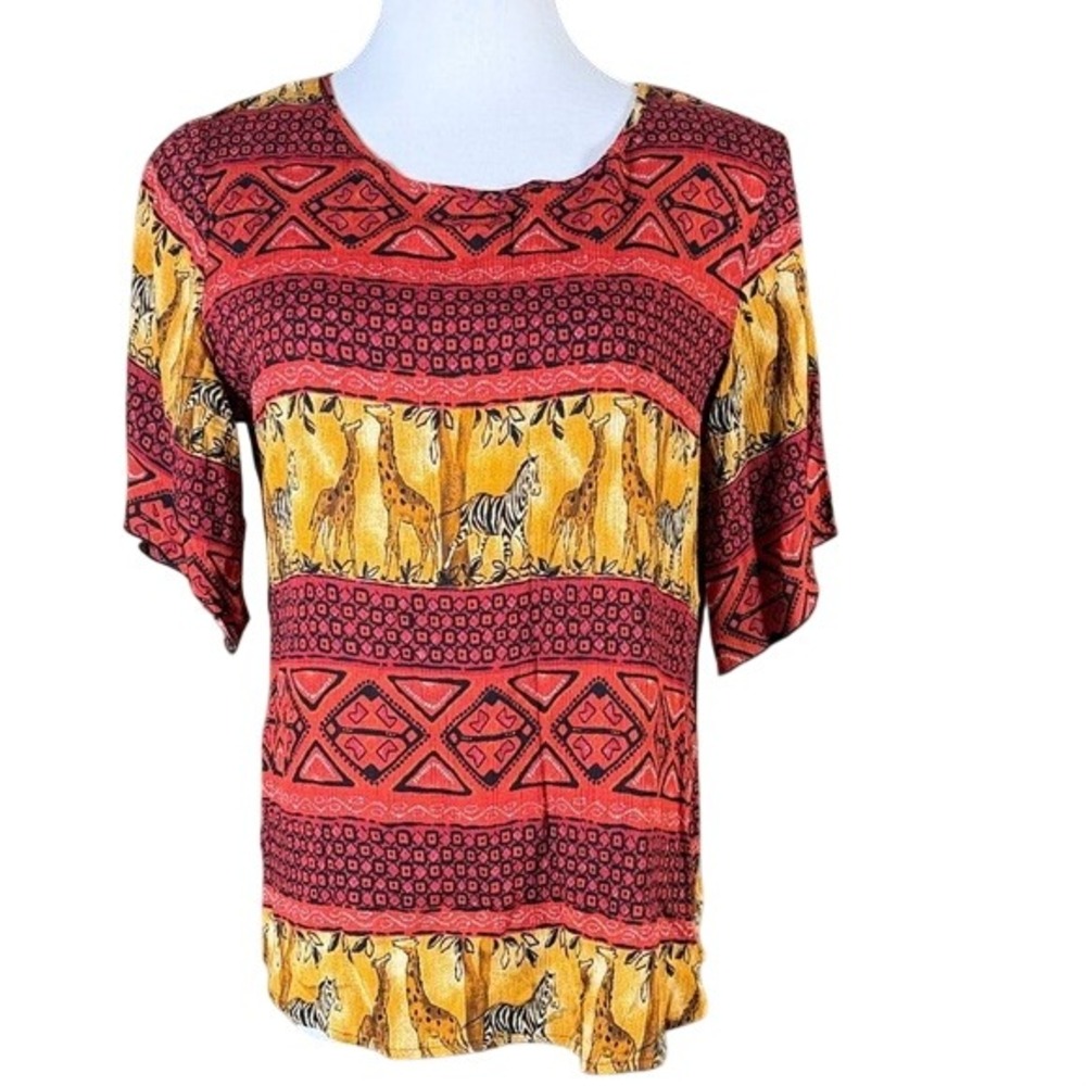 Notations Petite PM Blouse Red Orange Safari Giraffe Zebra‎ Rayon Short Sleeve